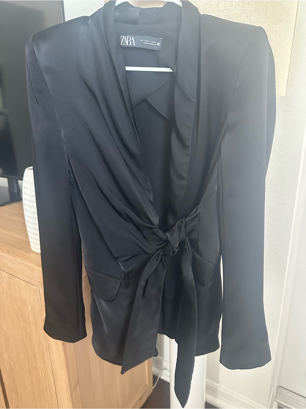 Zara Black Satin Tie-Waist Blazer Jacket
